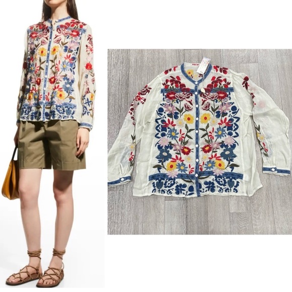 Johnny Was Edie Floral-Embroidered Button-Down Blouse Size XXS - Picture 2 of 10